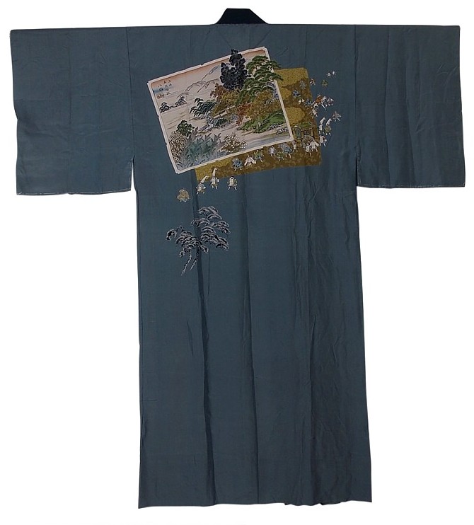японское старинное шелковое мужское кимоно с авторской росписью